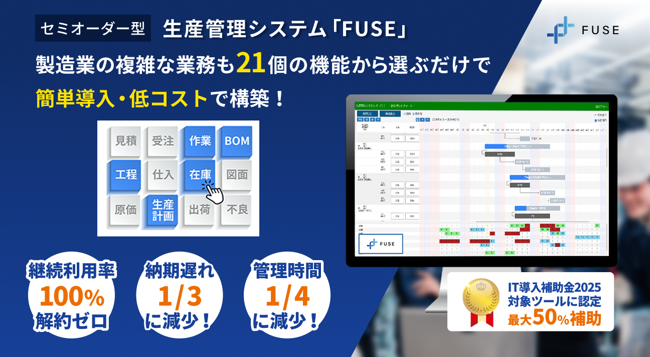 セミオーダ型生産管理システム製造業の複雑な業務も21個の機能から選ぶだけで簡単導入・低コストで構築!