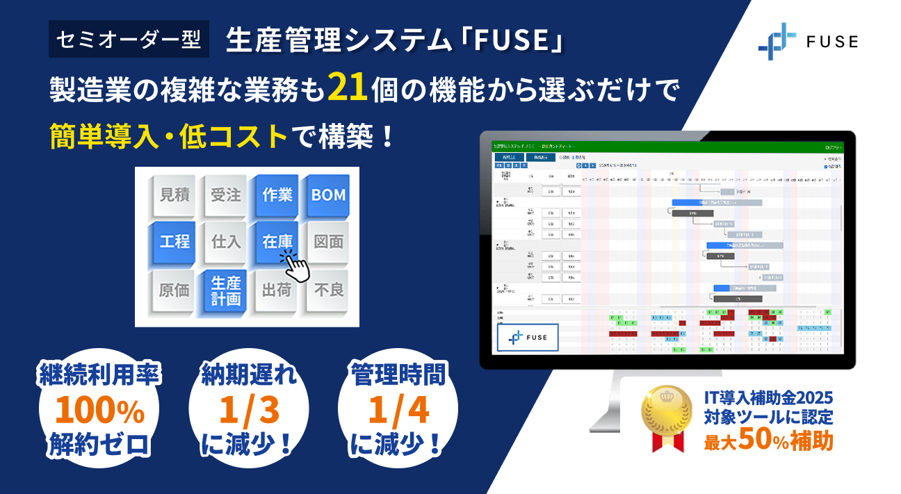 セミオーダ型生産管理システム製造業の複雑な業務も21個の機能から選ぶだけで簡単導入・低コストで構築!